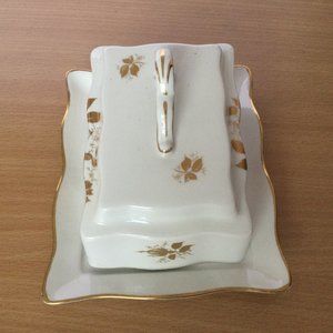 Old Foley James Kent covered wedge butter cheese dish York England gold trimmed